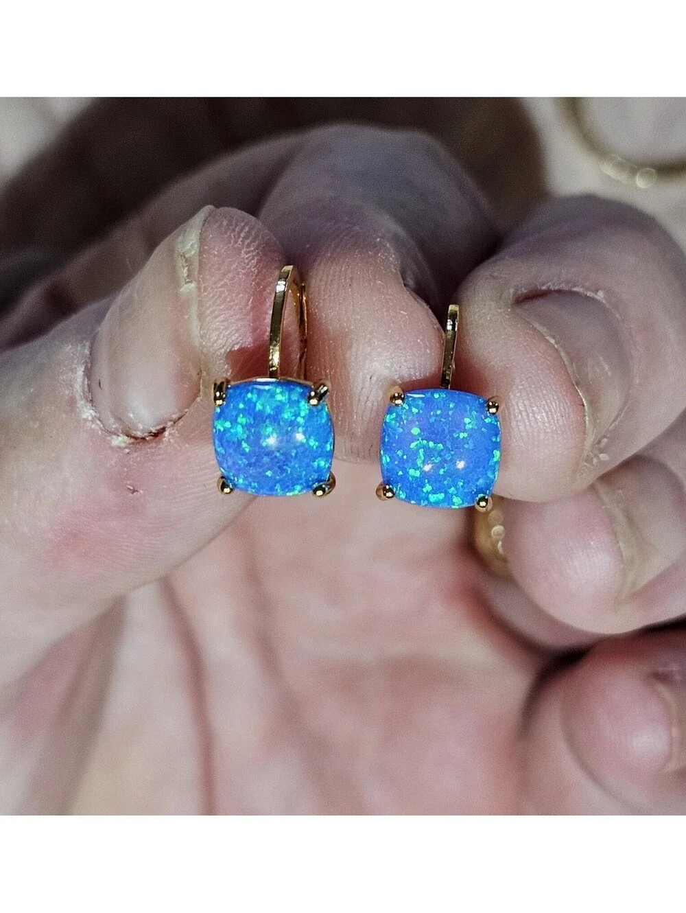 Stunning Lab Blue Fire Opal Earrings Gold-plated Leverback Huggies